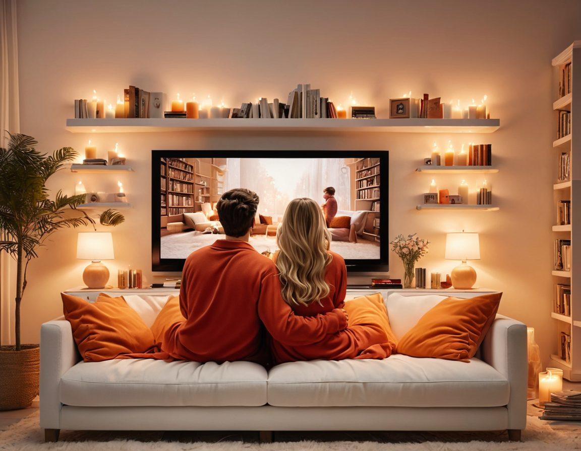 A cozy living room with a plush sofa, a couple in comfortable pajamas cuddling while watching a romantic scene on a big screen TV, surrounded by warm lighting, scented candles, and a bookshelf filled with romance novels. The TV displays a heartwarming moment between two lovers, creating an intimate atmosphere. super-realistic. warm colors. white background.